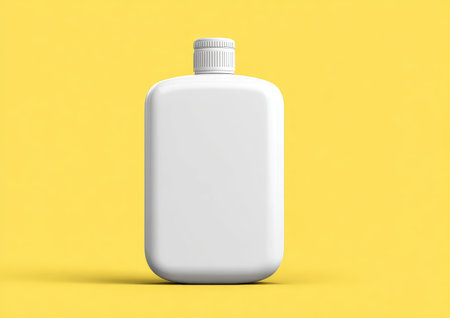A white, rectangular bottle with rounded edges and a screw-top cap against a yellow backdropの素材