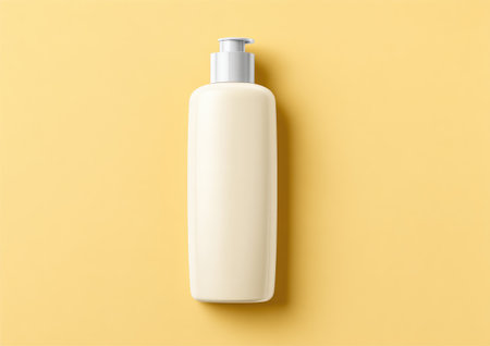 Beige cosmetic bottle with a pump top against a solid yellow background, overhead viewの素材