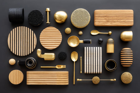 Flat-lay of various geometric objects in gold, black, and wood arranged on a dark surfaceの素材