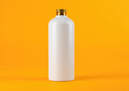 A sleek, tall, white bottle with a gold top against a vibrant orange backgroundの素材
