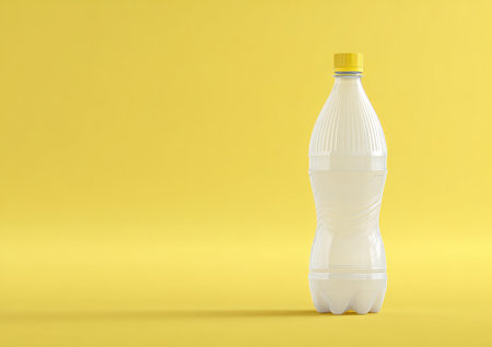 A white, ribbed plastic bottle with a yellow cap on a solid yellow backgroundの素材