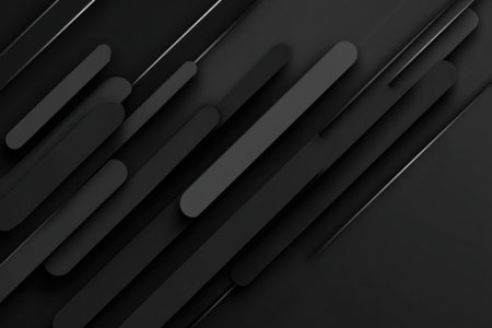 Abstract black background with layered, angled, rounded rectangles and subtle shadowsの素材