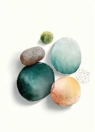 Abstract watercolor background with pebbles. Hand drawn illustration.の素材