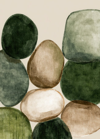 Watercolor illustration of smooth stones in shades of green, brown, and beige, stackedの素材