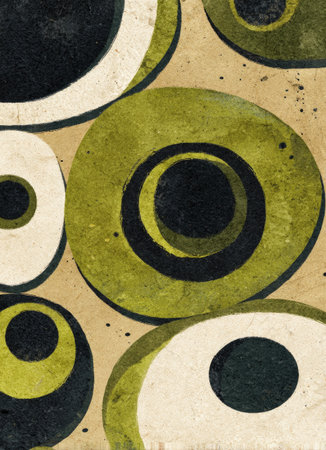 Abstract watercolor with overlapping concentric circles in varying colors on textured backgroundの素材