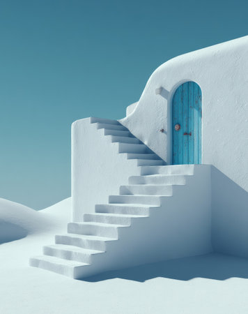 Whitewashed building with stairs leading to a blue door set against a stark blue skyの素材