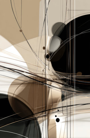 Abstract composition of intersecting lines, spheres, and geometric shapes in neutral huesの素材