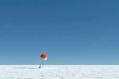 A vibrant orange tree stands solitary on a snow-covered plain under a clear, blue skyの素材