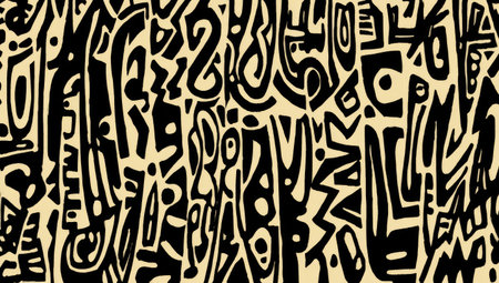 Abstract composition of black shapes against a beige background, resembling ancient symbolsの素材