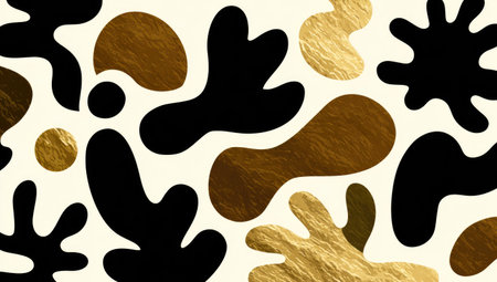 Abstract, organic shapes in black, brown, and gold with texture on a cream backgroundの素材