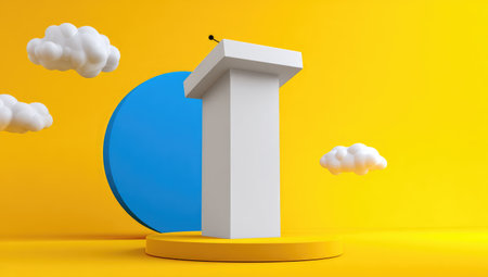 A white podium with a microphone stands before a blue circle, yellow stage and cloudsの素材