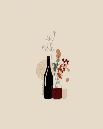 Minimalist illustration. Features wine bottle, vase with flowers, and a glass of red wineの素材