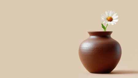 A simple, brown ceramic vase holds a single daisy against a neutral, tan backdropの素材