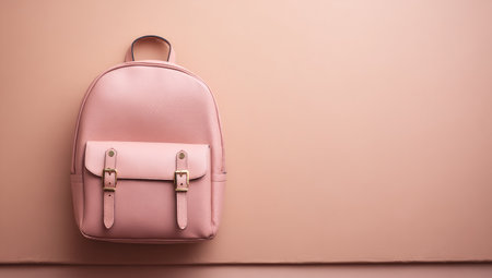 Pink backpack with gold buckles on a smooth peach surface. Minimalist design, flat layの素材