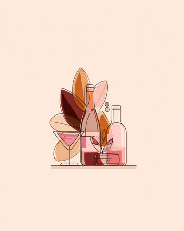 A minimalist illustration of wine bottles, a glass, and leaves in a warm color paletteの素材