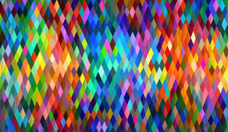 Multicolored diamond shapes create a vibrant, mosaic-like pattern filling the frameの素材