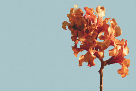 A close-up captures vibrant orange flowers against a serene, pale blue backdropの素材