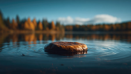 A rippled lake surface surrounds a stone with blurred autumn forest in the backdropの素材