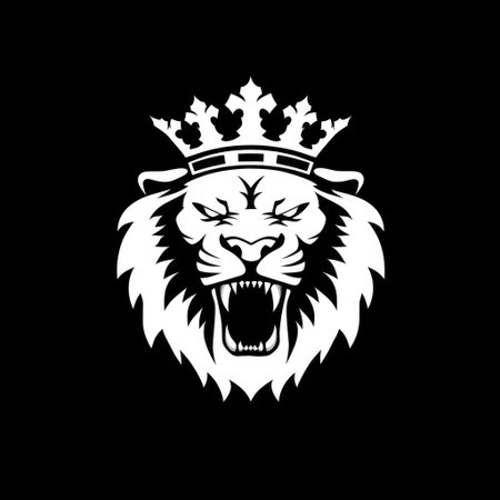 A fierce lion&#39;s head with a crown, rendered in white against a stark black backgroundの素材