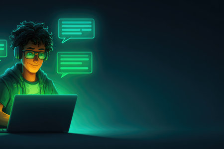 A smiling person, lit by the screen&#39;s glow, works on a laptop with chat bubblesの素材