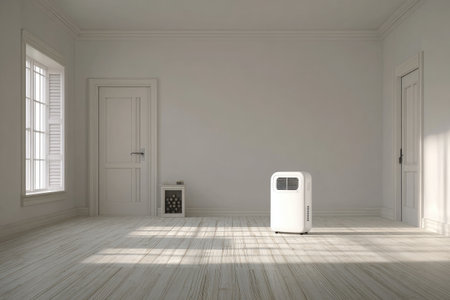 A bright, empty room with wood floors, two doors, a window, and a modern applianceの素材