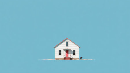 Isolated white house with red accents against a vast light blue sky, simple and minimalistの素材