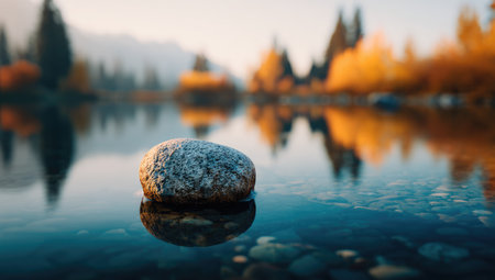 A single stone sits in clear water, reflecting a backdrop of autumn trees and distant mountainsの素材