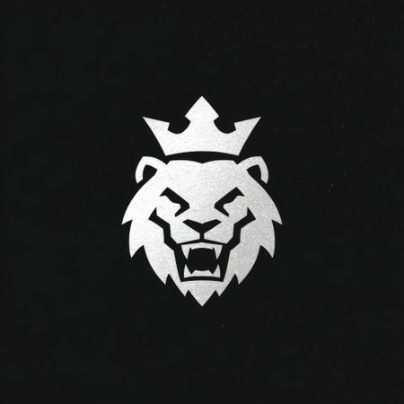 White lion head with crown on black background, simple designの素材