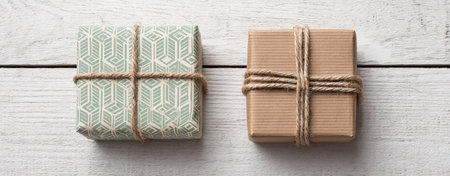 Two gift boxes on a white wooden surface, one patterned, one brown. Both wrapped with twineの素材