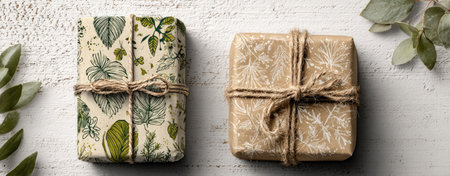 Two rectangular gifts, wrapped in patterned paper, tied with twine, and accented with foliageの素材