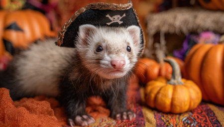 A ferret wearing a pirate hat smiles amid pumpkins and autumn decor, Halloween-themedの素材