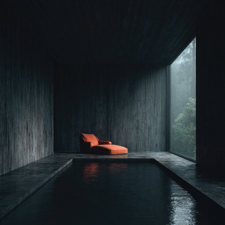 Minimalist concrete room with orange chaise lounge, reflecting pool, and forest viewの素材