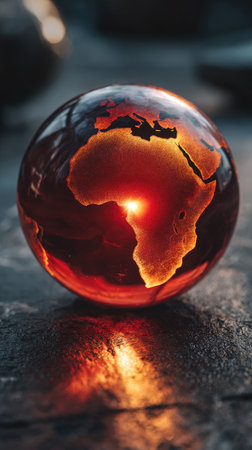 A globe-like, semi-transparent orb displays a glowing map of Africa on a textured surfaceの素材