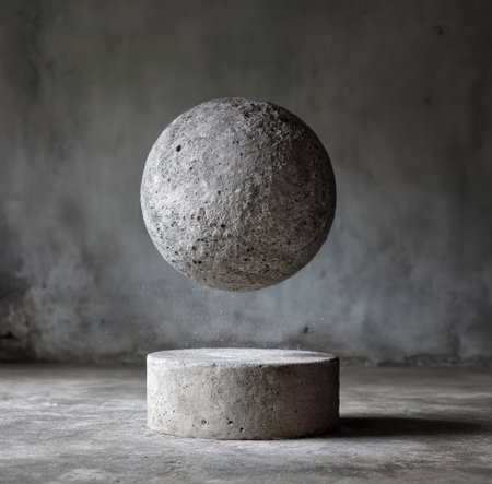 A gray, textured sphere floats above a circular concrete base in a misty, industrial spaceの素材