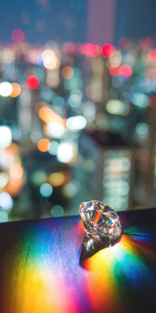 A cut gemstone refracts light into a rainbow, set against a blurred cityscape backdropの素材