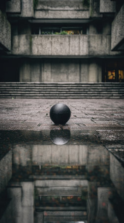 A black sphere reflects in a puddle before a brutalist building, evoking a somber atmosphereの素材