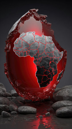 A cracked, red gem reveals a map of Africa. The continents outline in grey. Rocky groundの素材