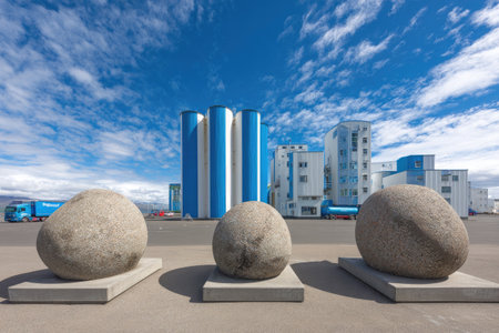 A trio of stones sits before a modern building and tall blue and white industrial tanksの素材