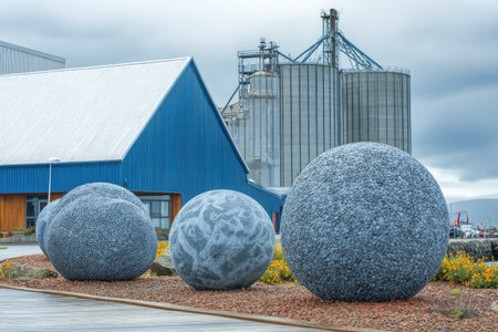 Three large stone spheres artfully placed near a building and storage silos, under cloudy skiesの素材
