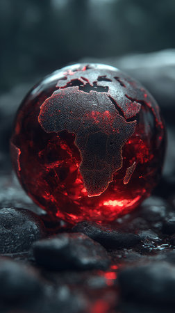 A glowing red globe with a dark, etched Africa sits on cool, dark rocksの素材