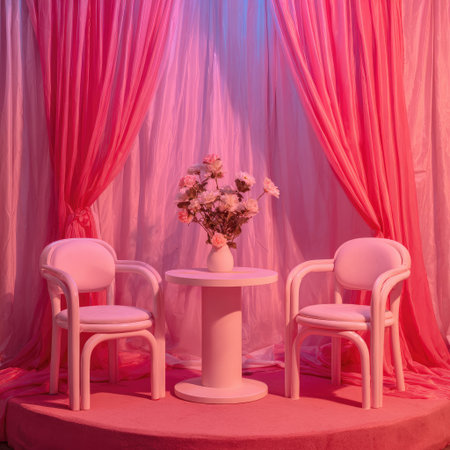 A staged, pink-themed room with curtains, chairs, small table, and flower arrangementの素材