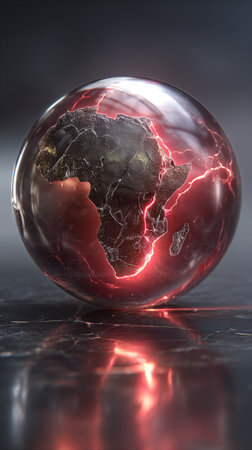 Globe of Africa encased in glass with vibrant red lightning veinsの素材