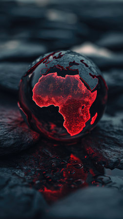 A glowing red Africa within a glass globe, resting on dark, textured stoneの素材