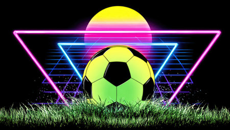 Neon retro-style image of a soccer ball, triangle frame, sunset, and grass against blackの素材