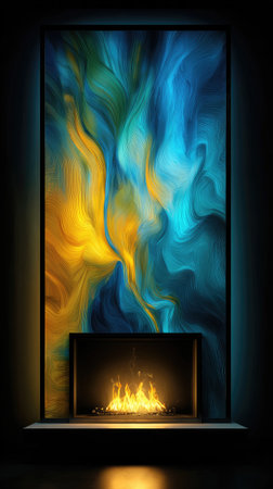 Electric fireplace with abstract art on a wall. A dark setting with blue and gold colorsの素材