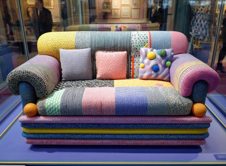 A multi-textured, vibrantly patterned couch with round arms and pillows in a display caseの素材
