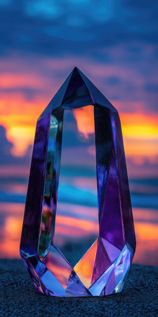A prismatic crystal stands on a surface, with a vibrant sunset and ocean in the backgroundの素材