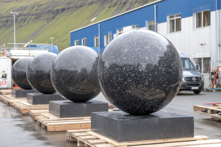 Four large, polished black spheres sit on square pedestals; factory in the backgroundの素材