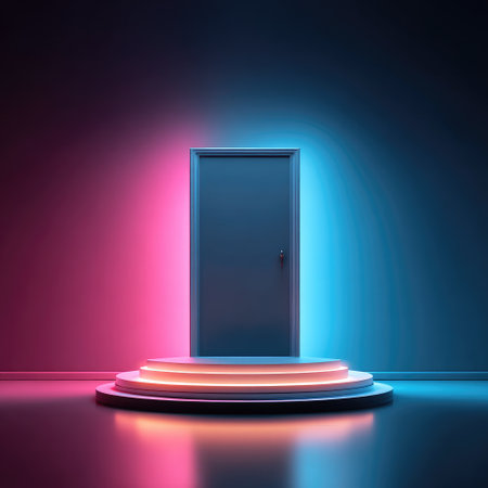 A closed door stands on a stage lit by pink and blue neon lights, creating a dramatic sceneの素材