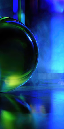 A glowing orb in a dark, reflective space. Green and blue hues create a mesmerizing atmosphereの素材